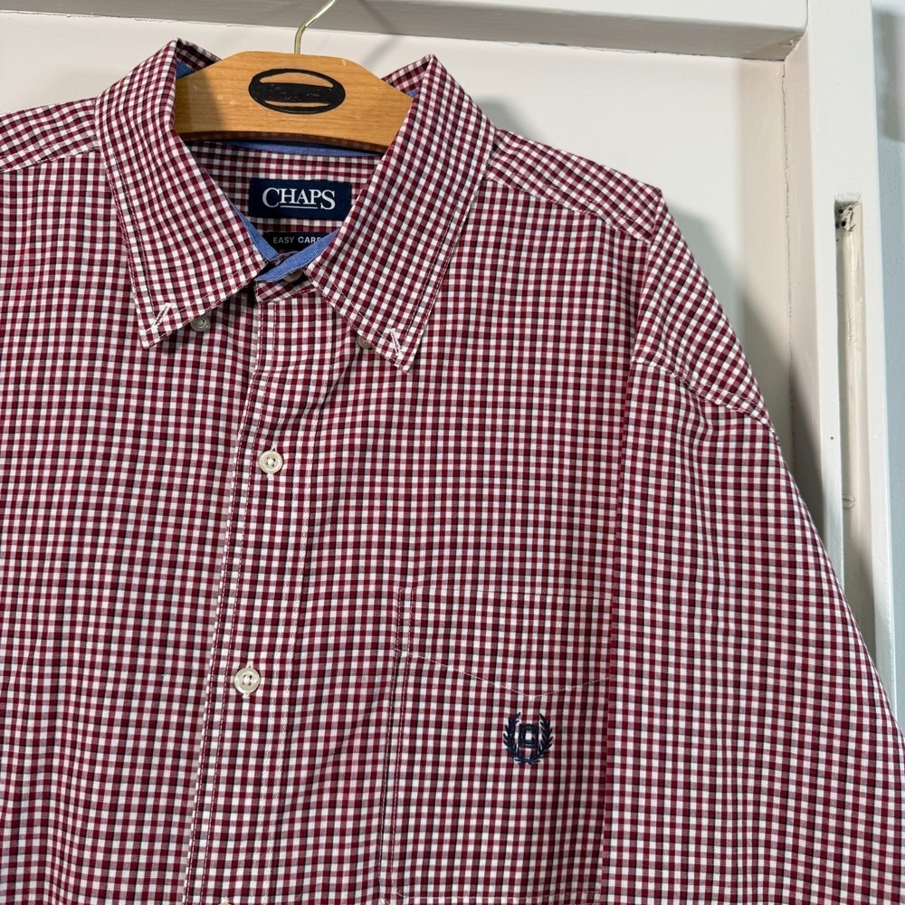 Chaps Button-Down Shirt Men's Burgundy Cream Gingham Check Long Sleeve - 2XLT